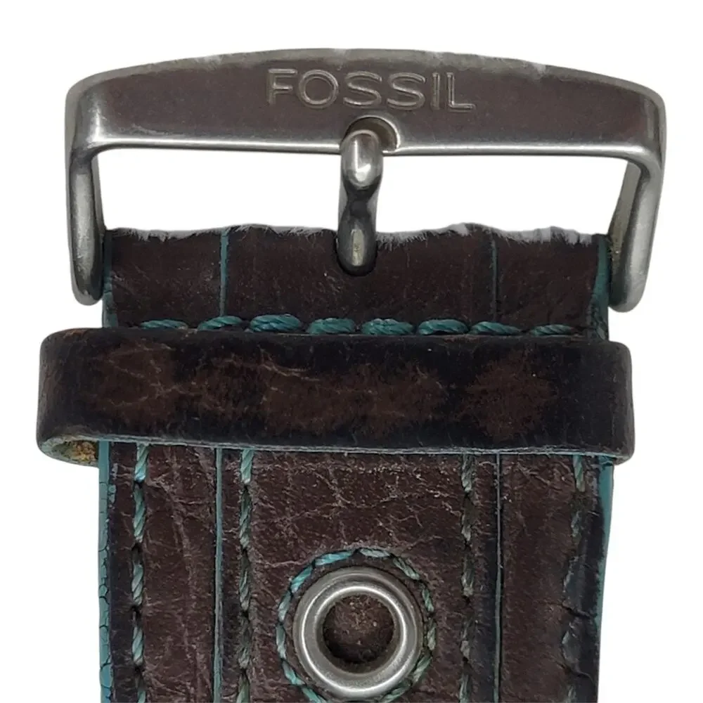 Fossil Wide Cuff Watch Brown Leather Blue Dial Date Indicator Y2K Retro